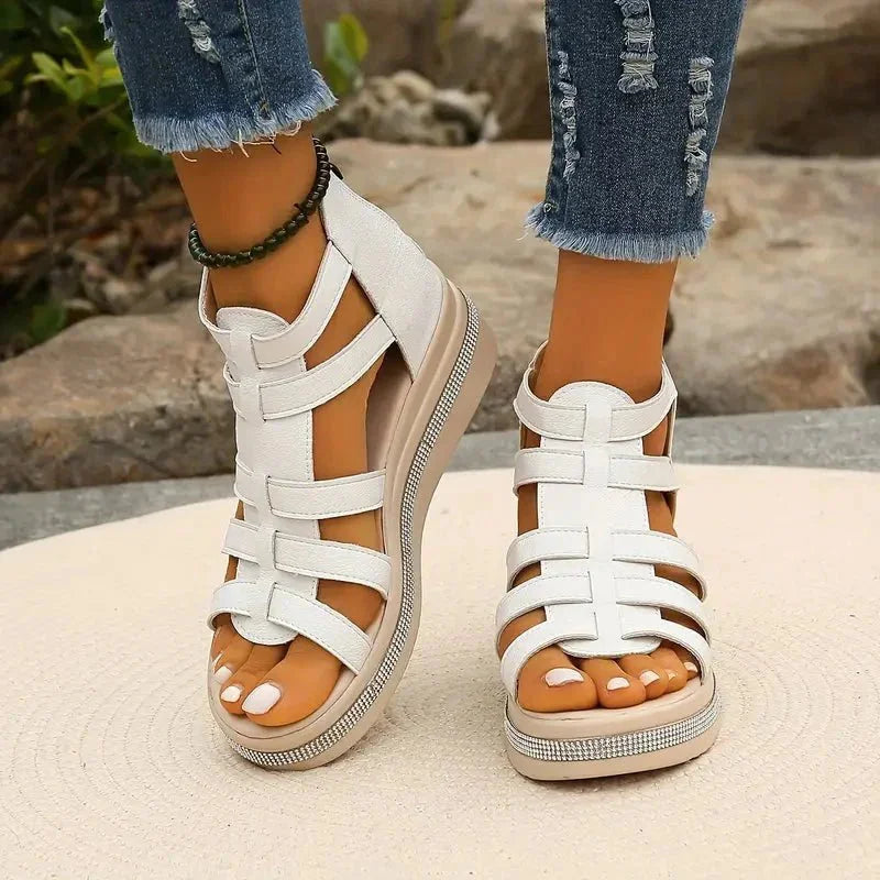 White Women's Orthopedic Sandals with Arch Support — Simone Platform Strappy - Three Quarter Pose