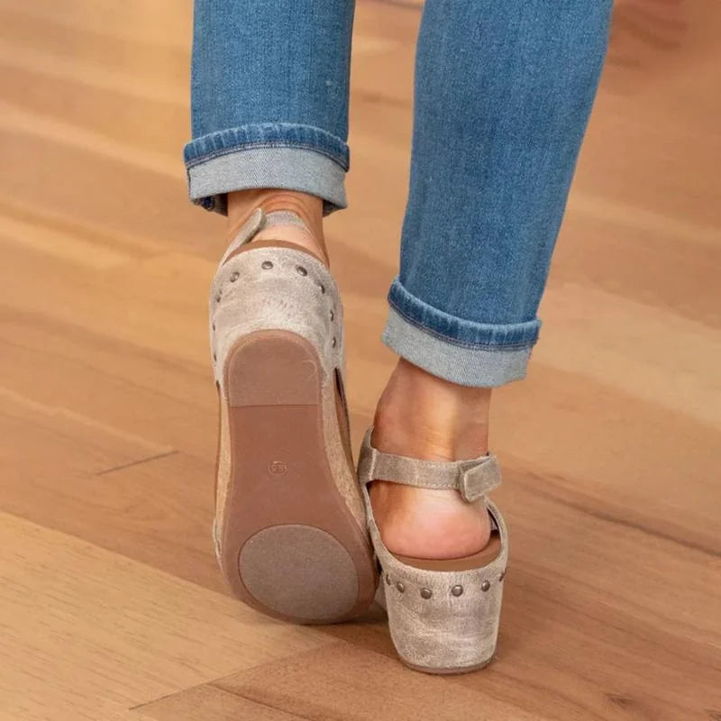 Beige Women's Orthopedic Platform Sandals — Lexie Cork Wedge Support - Back Heel