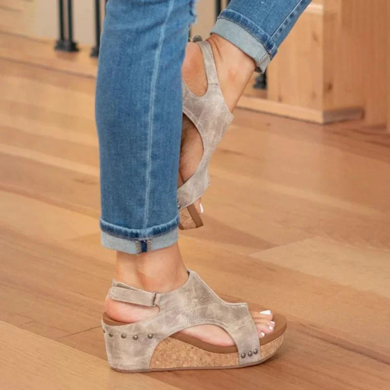 Beige Women's Orthopedic Platform Sandals — Lexie Cork Wedge Support - Side Profile