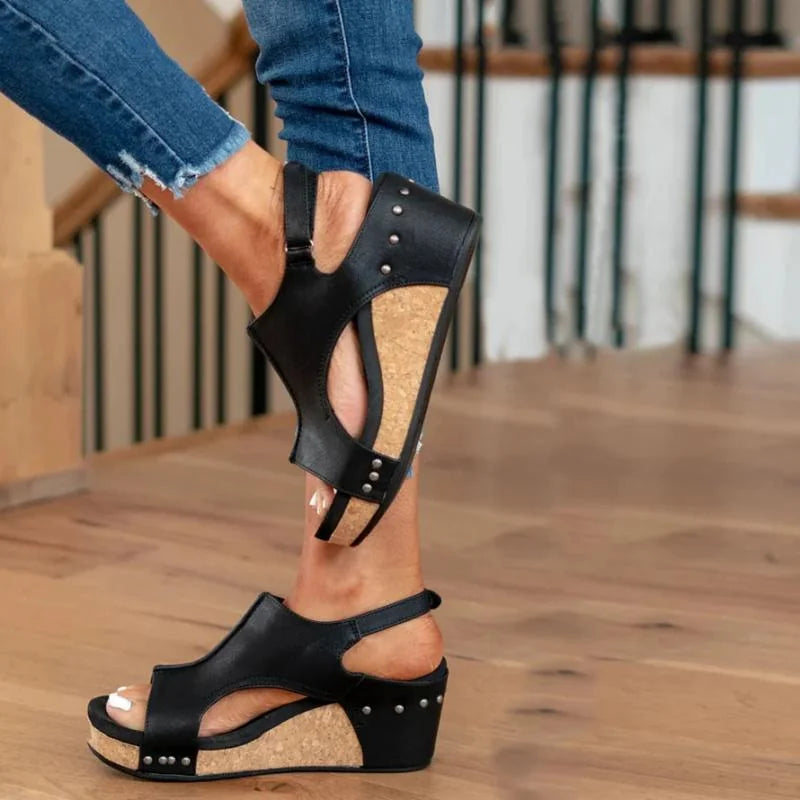 Black Women's Orthopedic Platform Sandals — Lexie Cork Wedge Support - Angle Detail