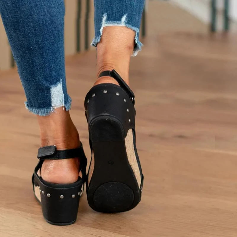 Black Women's Orthopedic Platform Sandals — Lexie Cork Wedge Support - Back Detail