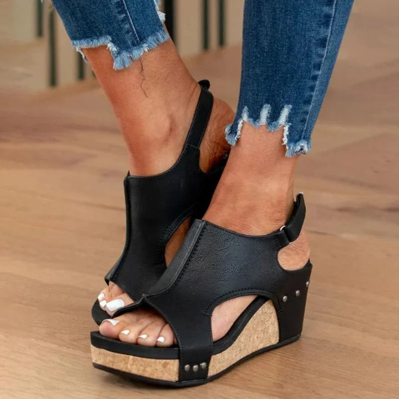 Black Women's Orthopedic Platform Sandals — Lexie Cork Wedge Support - Front Pose