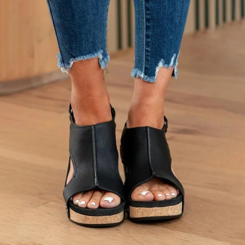 Black Women's Orthopedic Platform Sandals — Lexie Cork Wedge Support - Front Studio