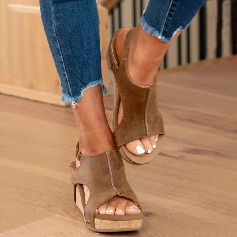 Brown Women's Orthopedic Platform Sandals — Lexie Cork Wedge Support - Angle Worn