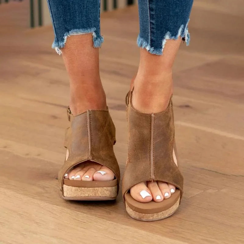 Brown Women's Orthopedic Platform Sandals — Lexie Cork Wedge Support - Side Worn