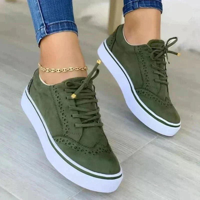 Green Women's Orthopedic Platform Sneakers — Evelyn Brogue Detail Lace-Up - Side Pose