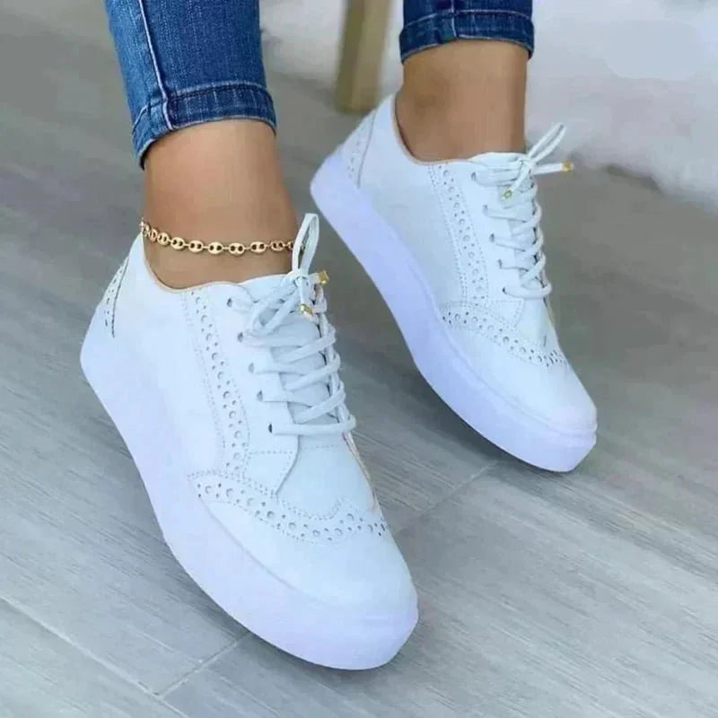White Women's Orthopedic Platform Sneakers — Evelyn Brogue Detail Lace-Up - Studio