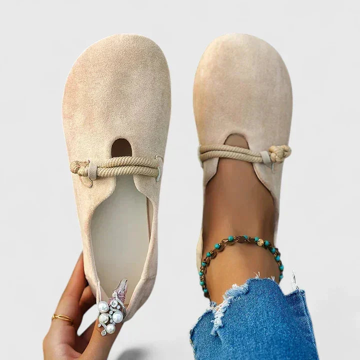 Beige Women's Orthopedic Slip On Loafers — Lauren Rope Detail Comfort - Front Handheld