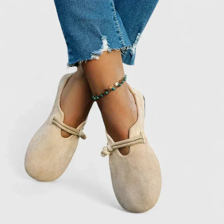 Beige Women's Orthopedic Slip On Loafers — Lauren Rope Detail Comfort - Studio Posed