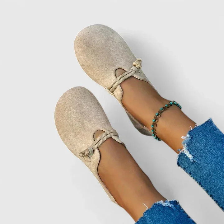 Beige Women's Orthopedic Slip On Loafers — Lauren Rope Detail Comfort - Worn Front
