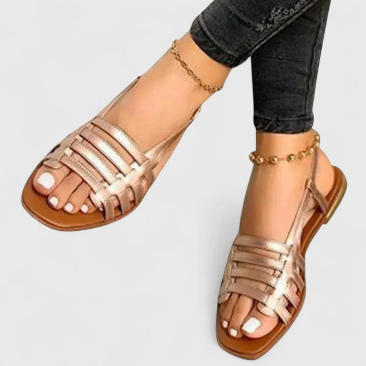 Gold Women's Strappy Flat Sandals — Addy Orthopedic T-Strap Summer - Front Worn