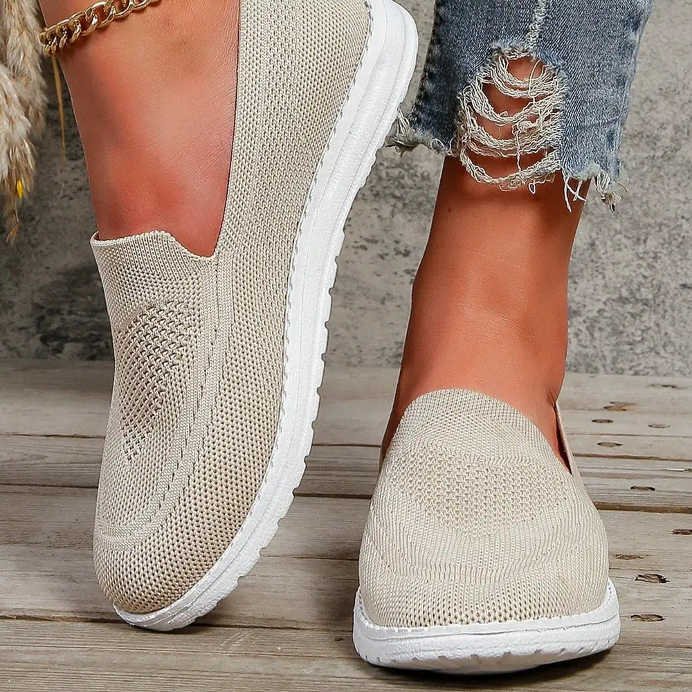 Beige Women's Orthopedic Walking Sneakers — Annabelle Mesh Slip-On Breathable - Side Pose