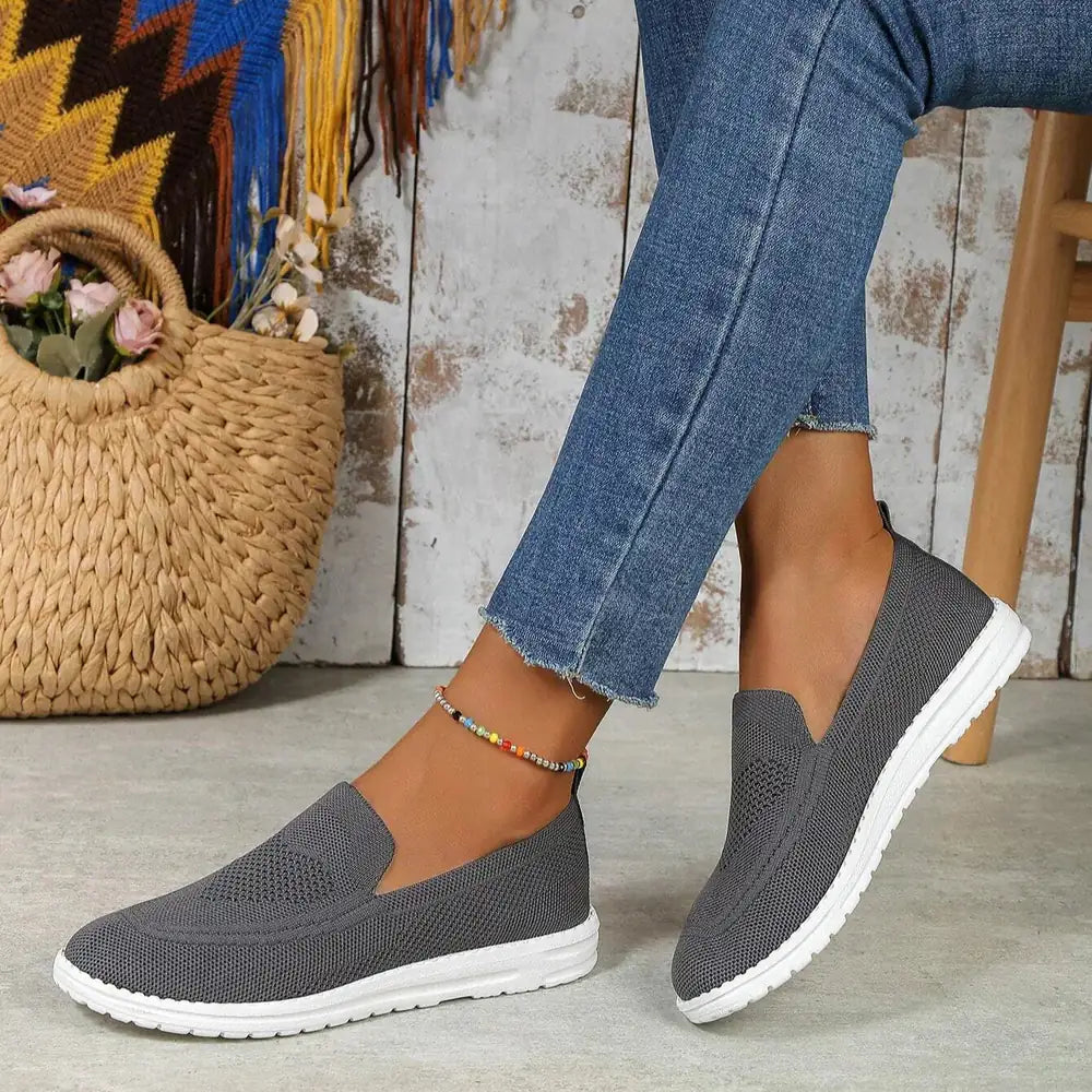 Dark Gray Women's Orthopedic Walking Sneakers — Annabelle Mesh Slip-On Breathable - Outdoor Pose