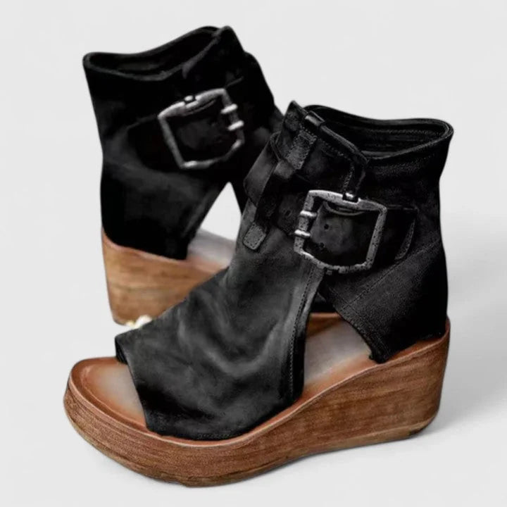 Black Women's Orthopedic Wedge Sandals — Rosalind Buckle Peep Toe Leather - Front Angle Pair