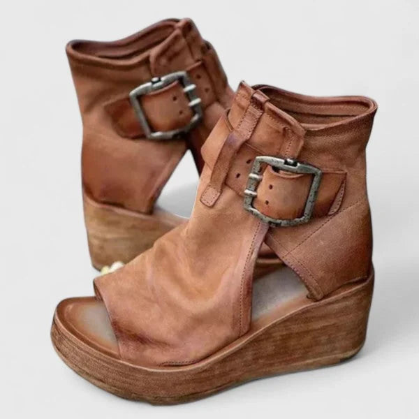 Brown Women's Orthopedic Wedge Sandals — Rosalind Buckle Peep Toe Leather - Front Angle Pair