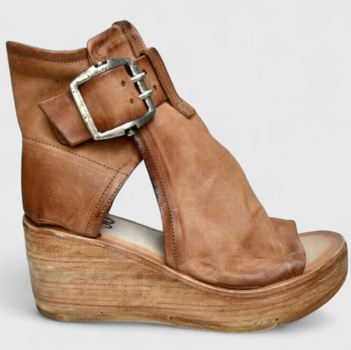 Brown Women's Orthopedic Wedge Sandals — Rosalind Buckle Peep Toe Leather - Side Profile Buckle