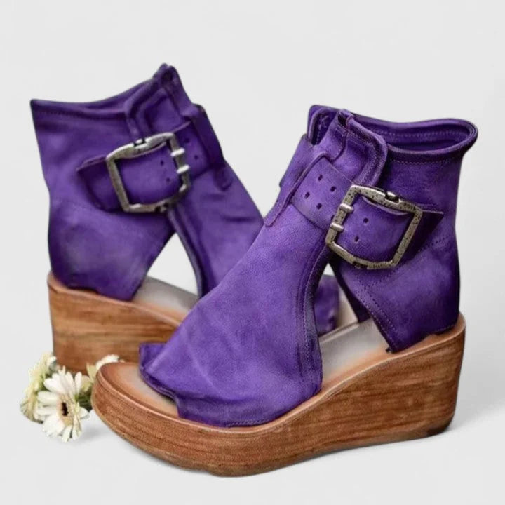 Purple Women's Orthopedic Wedge Sandals — Rosalind Buckle Peep Toe Leather - Front Angle Styled