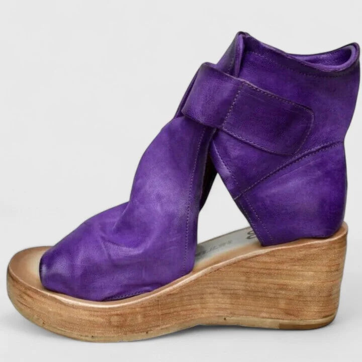 Purple Women's Orthopedic Wedge Sandals — Rosalind Buckle Peep Toe Leather - Side Profile Left