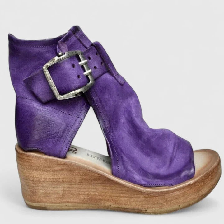 Purple Women's Orthopedic Wedge Sandals — Rosalind Buckle Peep Toe Leather - Side Profile Right