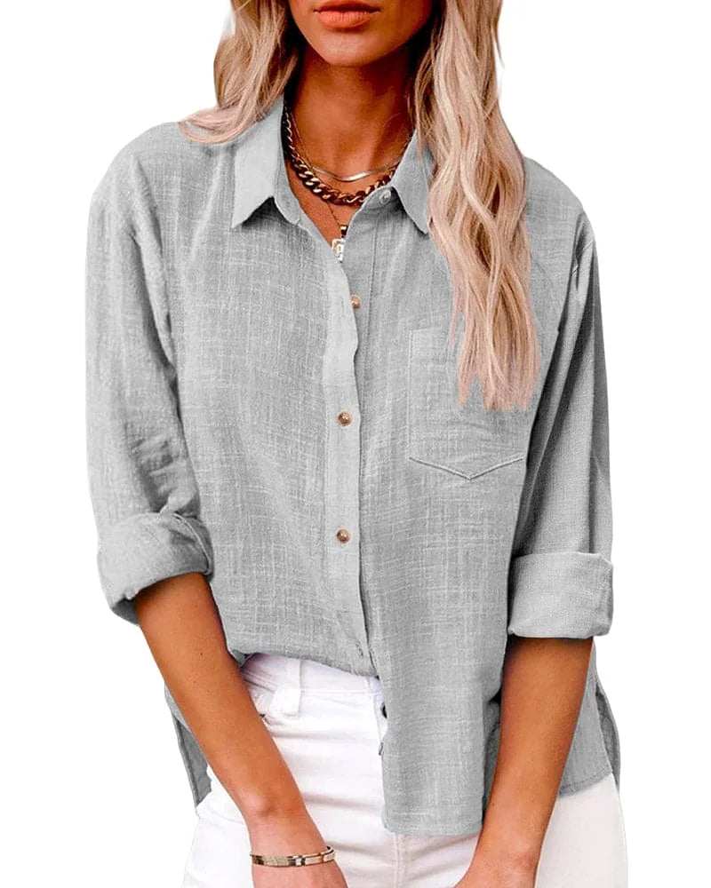 Grijs Women's Oversized Button Down Shirt — Una Relaxed Fit Linen - Side Pose