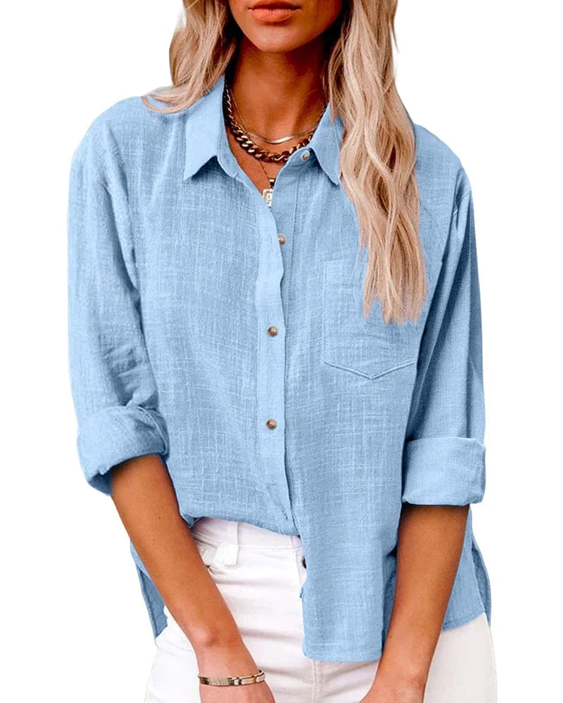 Lichtblauw Women's Oversized Button Down Shirt — Una Relaxed Fit Linen - Front Pose