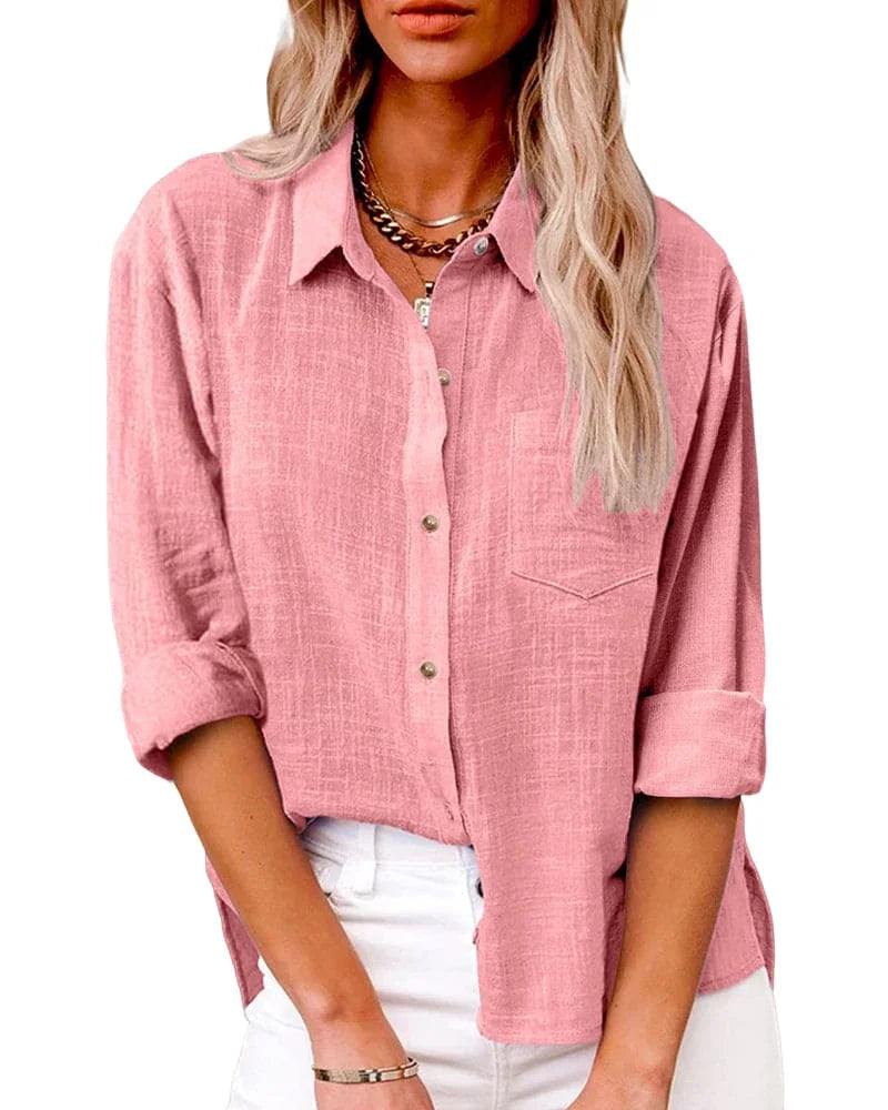 Roze Women's Oversized Button Down Shirt — Una Relaxed Fit Linen - Casual Pose