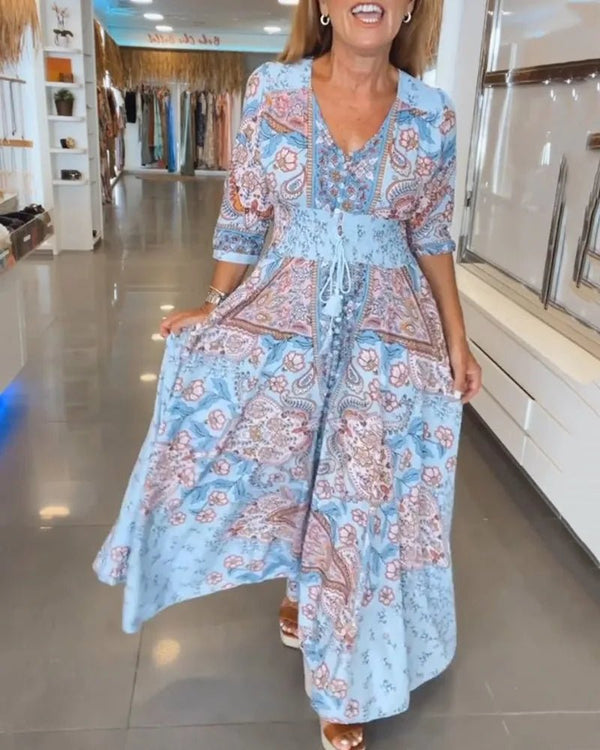 Talia | Elegant Paisley V - Neck Maxi Beach Dress With Sleeves - Blue - 1