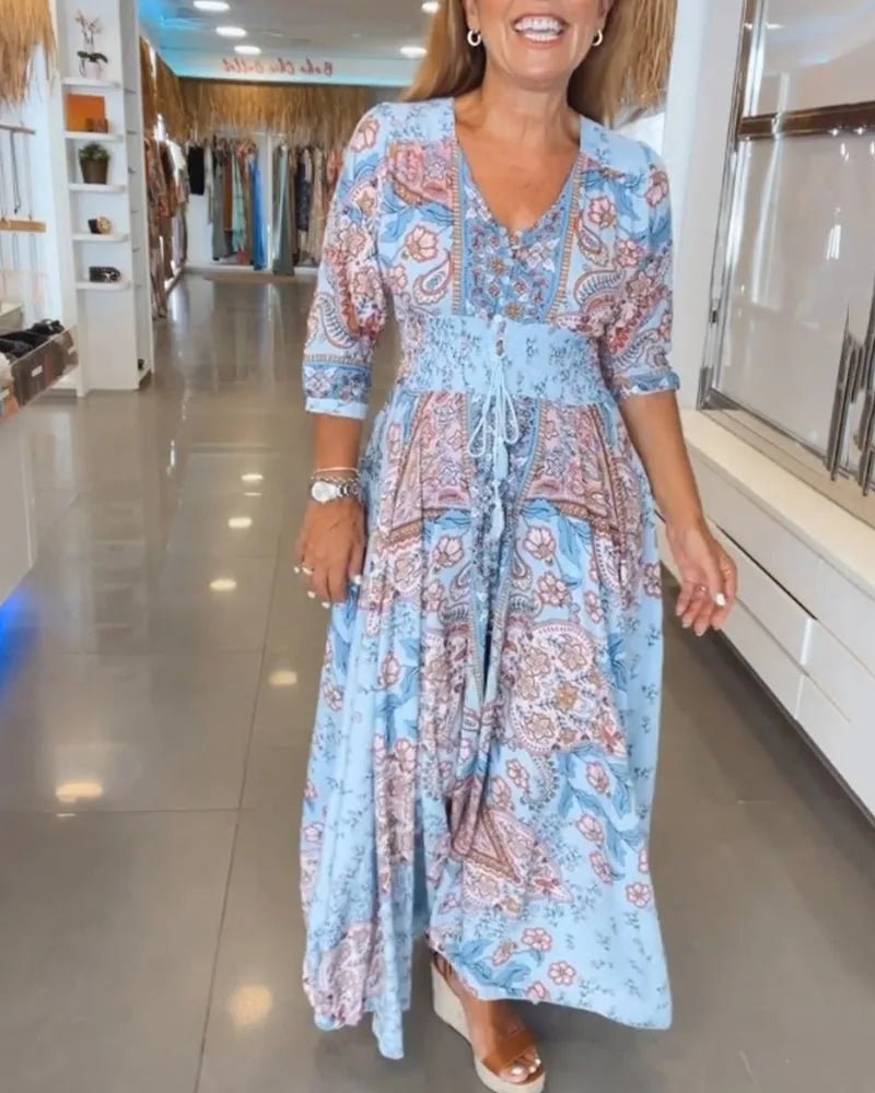 Talia | Elegant Paisley V - Neck Maxi Beach Dress With Sleeves - Blue - 2
