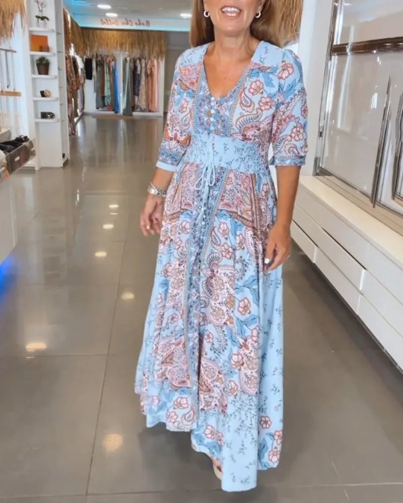 Talia | Elegant Paisley V - Neck Maxi Beach Dress With Sleeves - Blue - 8