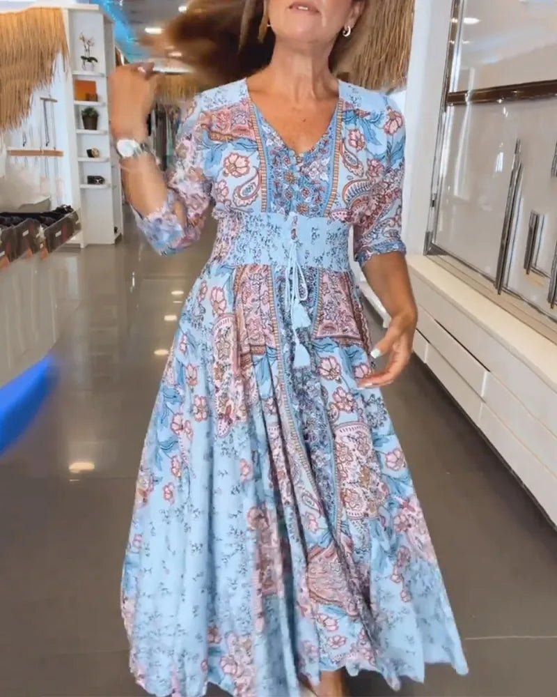 Talia | Elegant Paisley V - Neck Maxi Beach Dress With Sleeves - Blue - 6