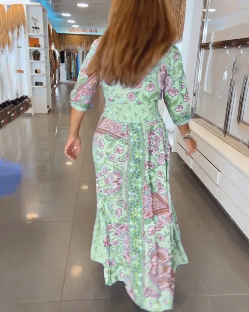 Talia | Elegant Paisley V - Neck Maxi Beach Dress With Sleeves - Green - 16