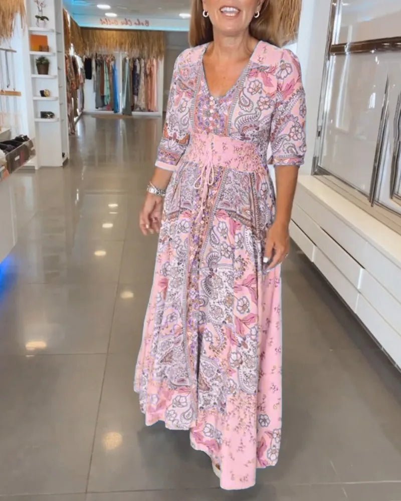 Talia | Elegant Paisley V - Neck Maxi Beach Dress With Sleeves - Pink - 10
