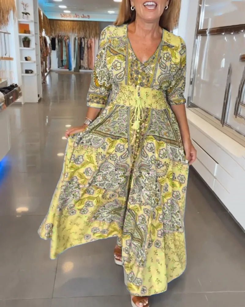 Talia | Elegant Paisley V - Neck Maxi Beach Dress With Sleeves - Yellow - 19
