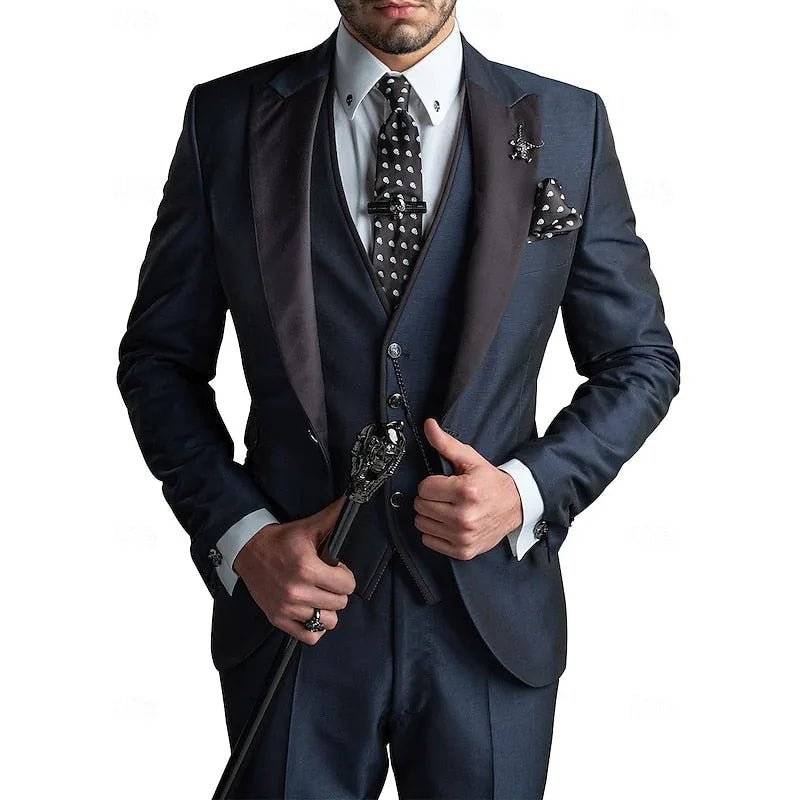 Jasper | Men's Three Piece Suit with Peak Lapels - Navy Blue - 5