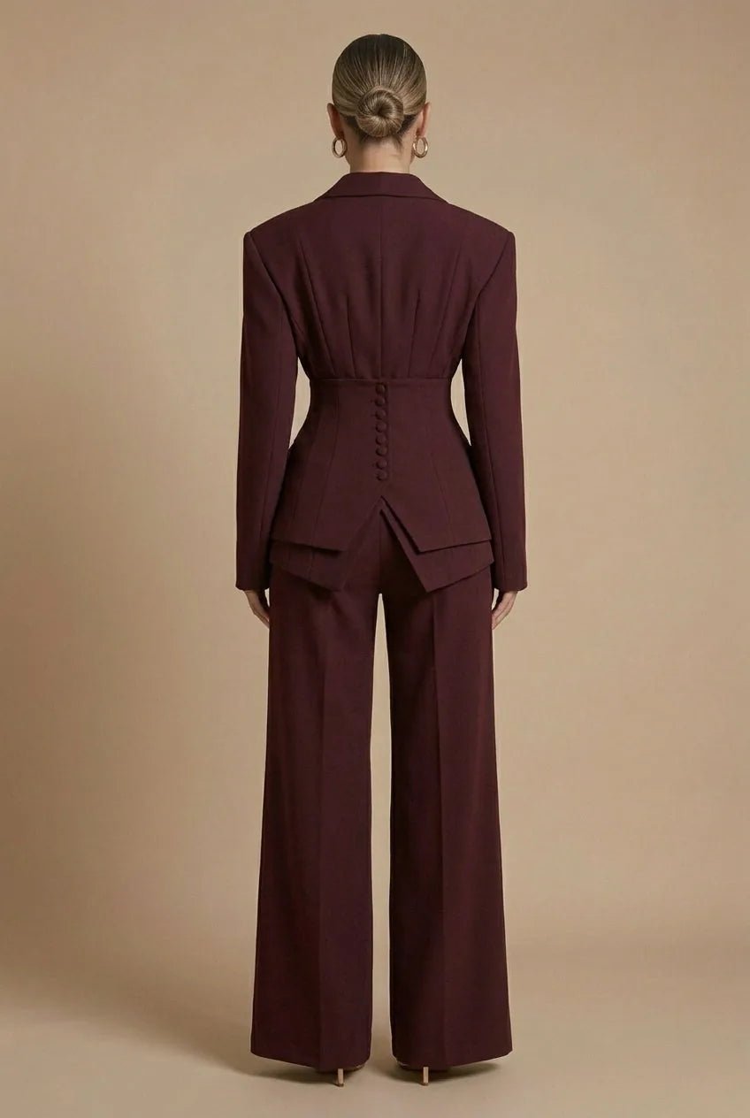 Anya | Elegant Women's Tailored Two Piece Suit with Peaked Lapels - Burgundy - 2
