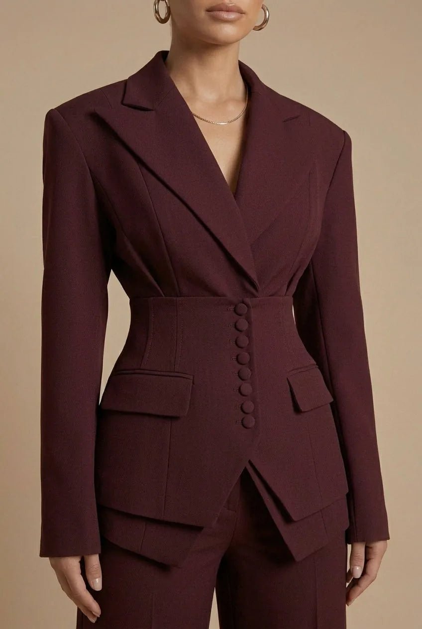 Anya | Elegant Women's Tailored Two Piece Suit with Peaked Lapels - Burgundy - 4