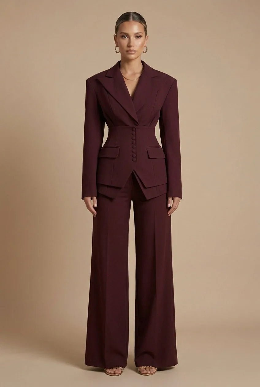 Anya | Elegant Women's Tailored Two Piece Suit with Peaked Lapels - Burgundy - 1