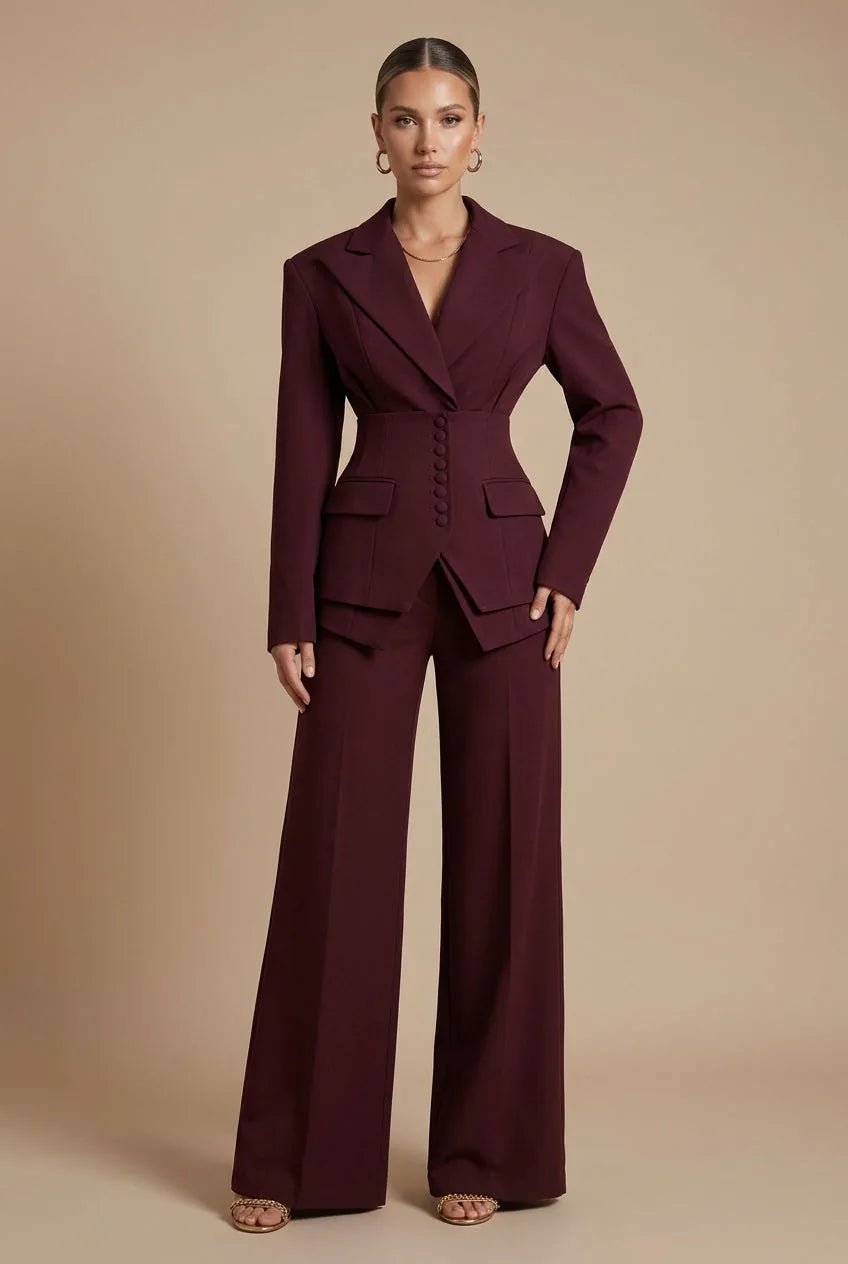 Anya | Elegant Women's Tailored Two Piece Suit with Peaked Lapels - Burgundy - 3