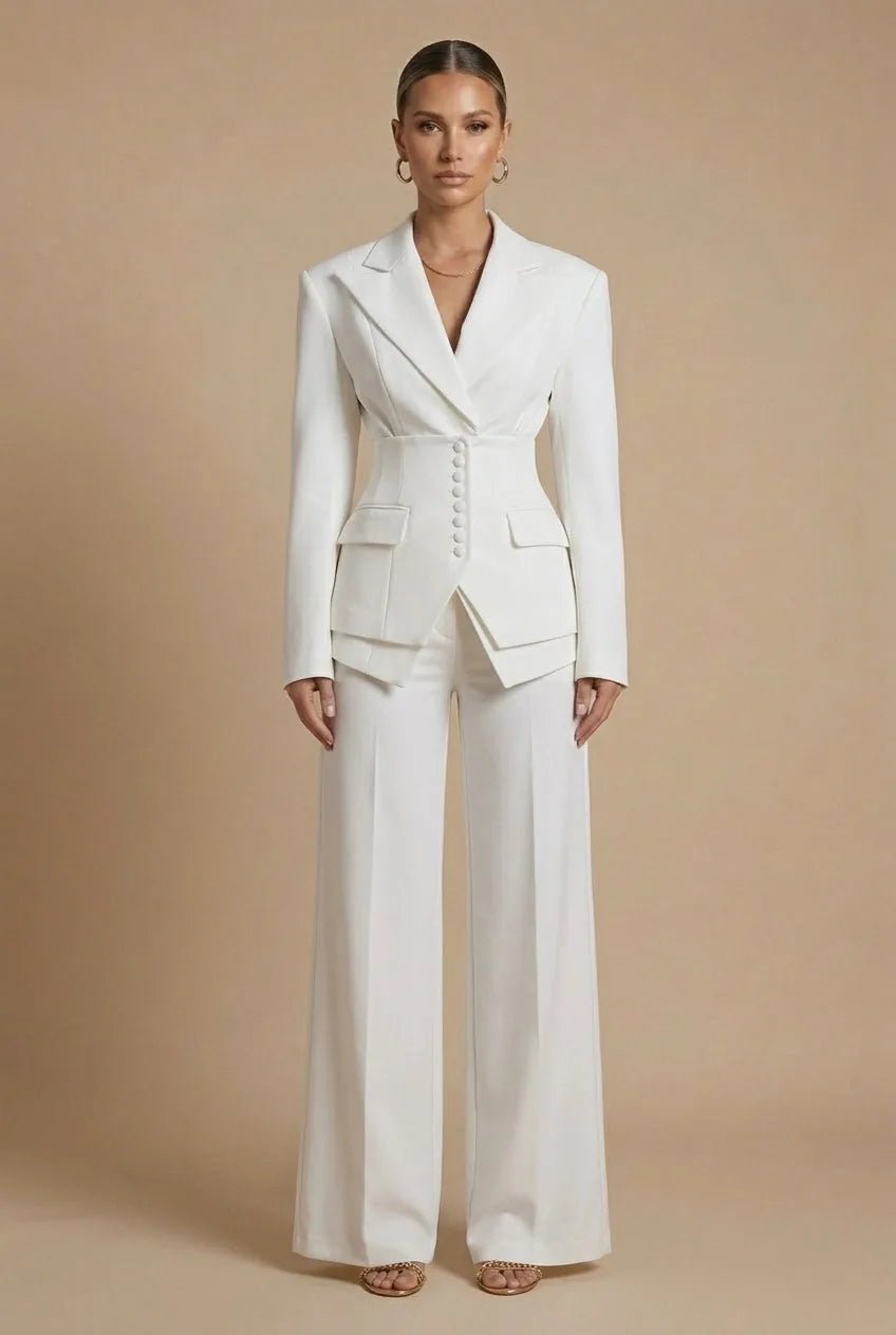 Anya | Elegant Women's Tailored Two Piece Suit with Peaked Lapels - Cream - 9
