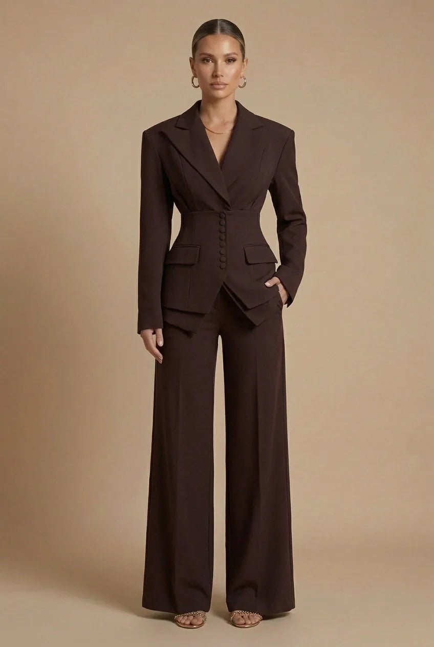 Anya | Elegant Women's Tailored Two Piece Suit with Peaked Lapels - Dark Brown - 7