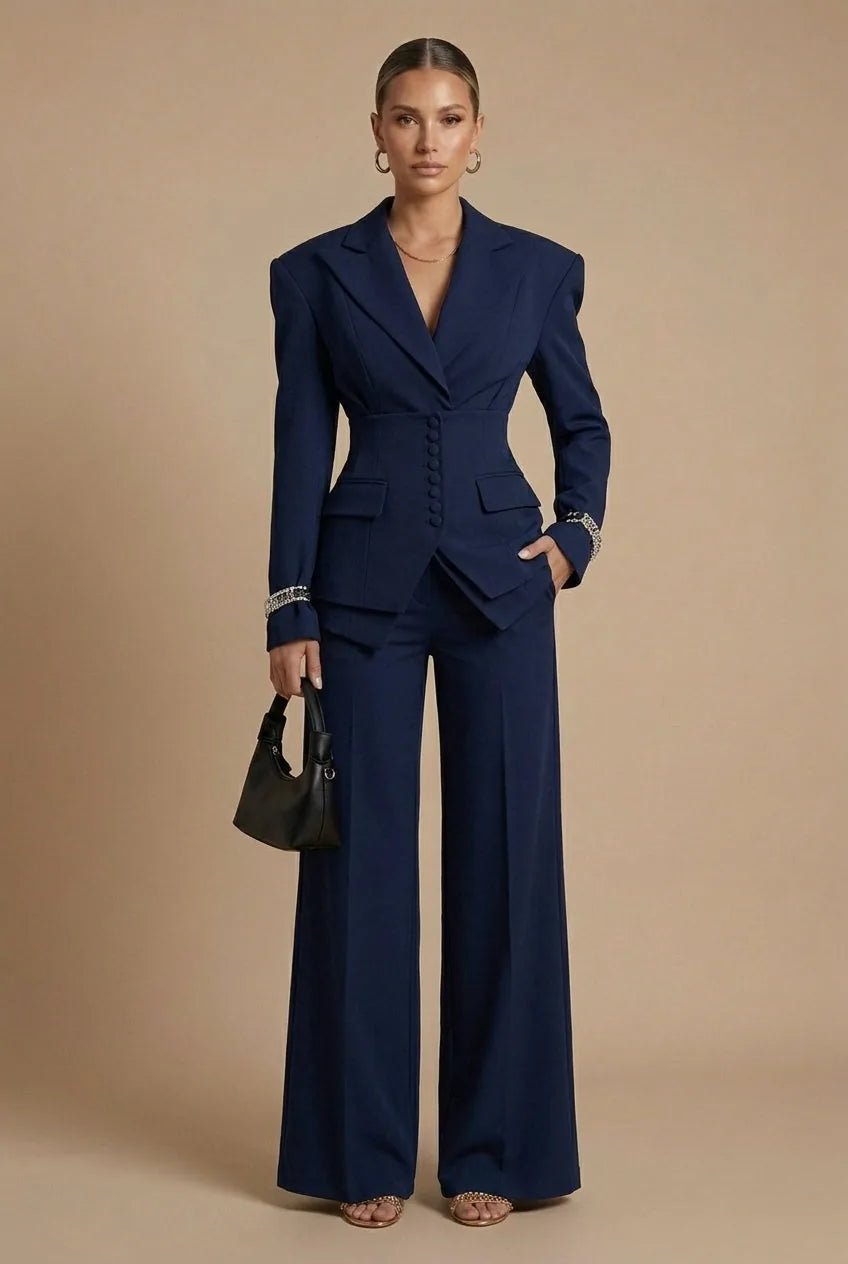 Anya | Elegant Women's Tailored Two Piece Suit with Peaked Lapels - Navy Blue - 6