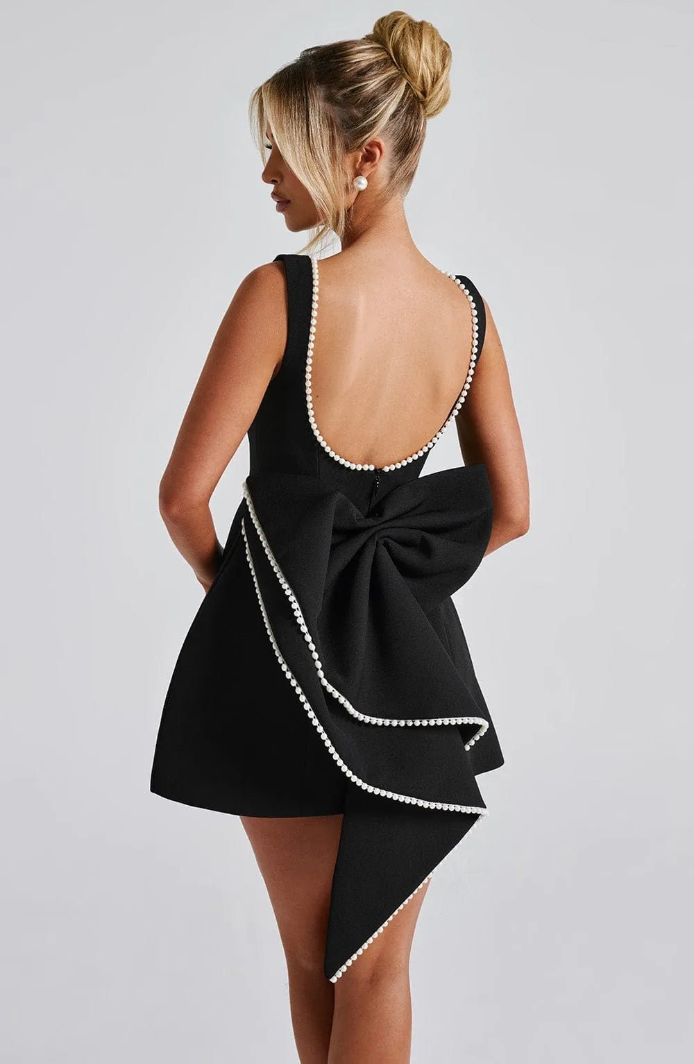 Emma | Elegant Pearl Trim A - Line Mini Dress With Pockets - Black - 5