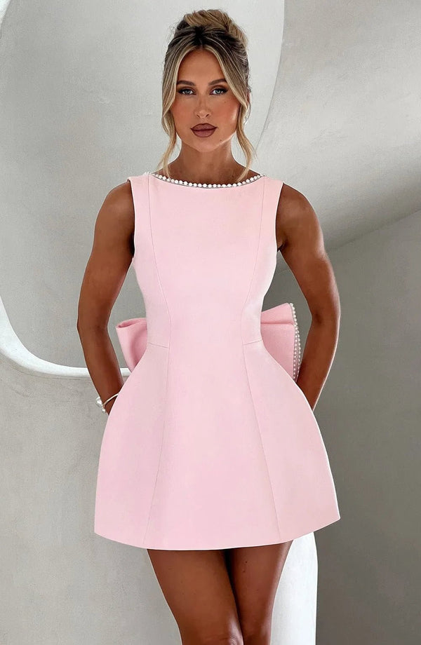Emma | Elegant Pearl Trim A - Line Mini Dress With Pockets - Pink - 1