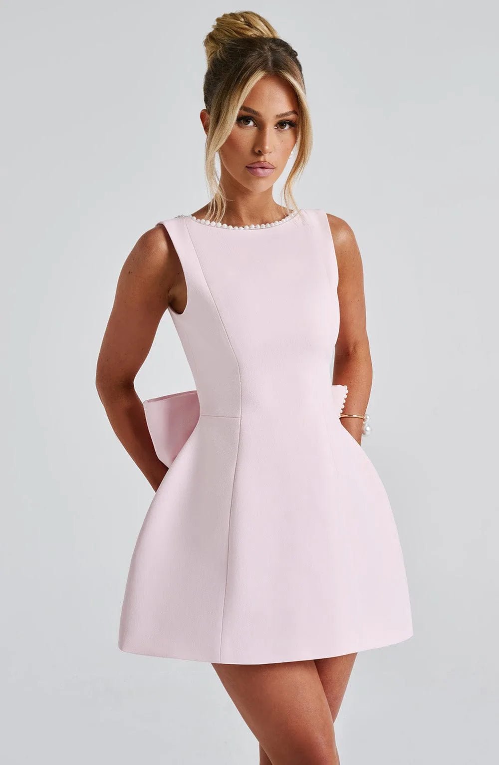 Emma | Elegant Pearl Trim A - Line Mini Dress With Pockets - Pink - 2