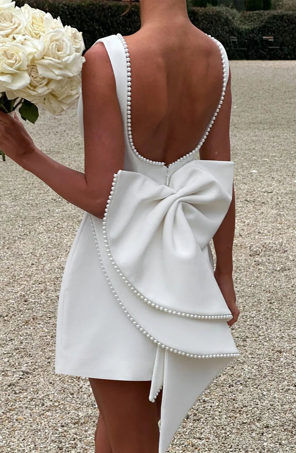 Emma | Elegant Pearl Trim A - Line Mini Dress With Pockets - White - 12
