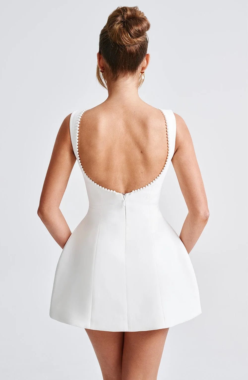 Emma | Elegant Pearl Trim A - Line Mini Dress With Pockets - Black - 8