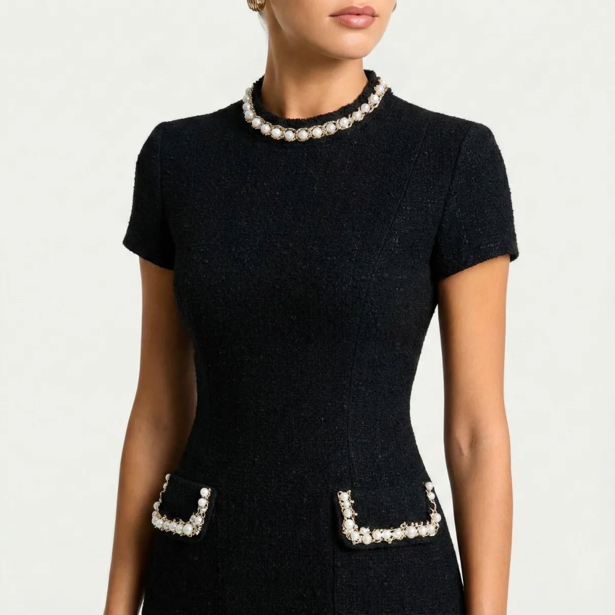 Zoe | Chic Pearl Trim Mini Dress With Short Sleeves - Black - 3