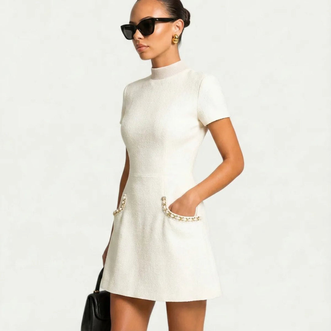 Zoe | Chic Pearl Trim Mini Dress With Short Sleeves - White - 6