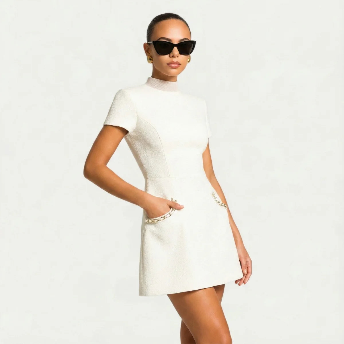 White Women's Trim Mini Dress — Nova Short Sleeve Textured - Front Pose