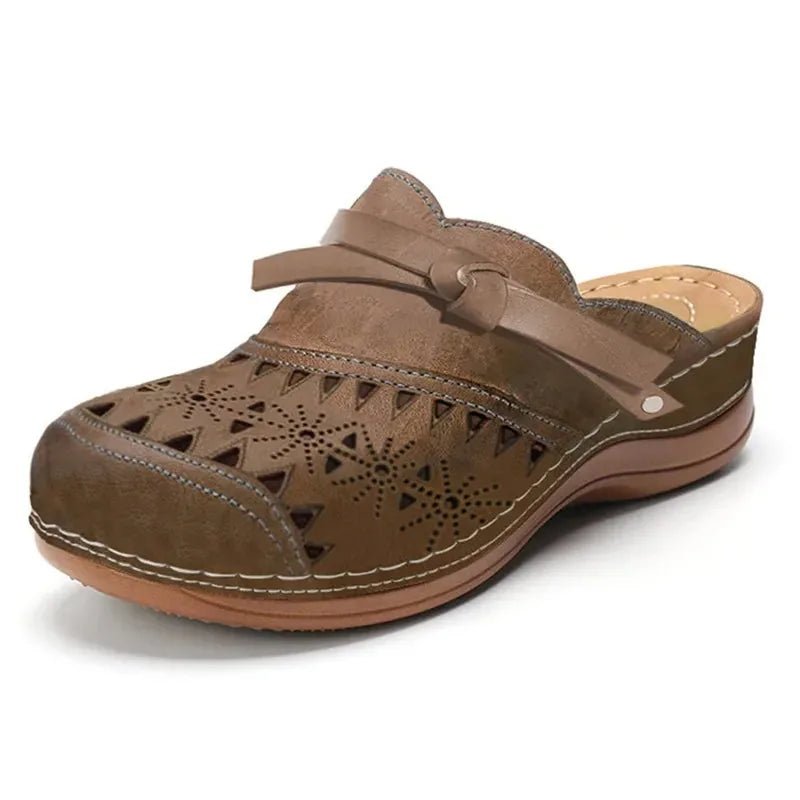 Thea | Stylish Perforated Bow - Tie Comfort Clogs - Brown - 4